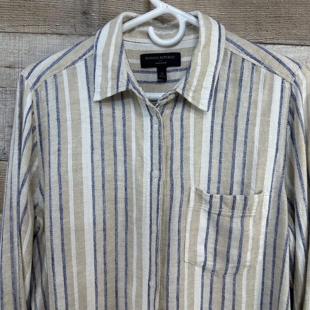 Banana Republic Linen Blend Striped Button Up Shirt Womens Medium Beige Navy - Picture 2 of 7